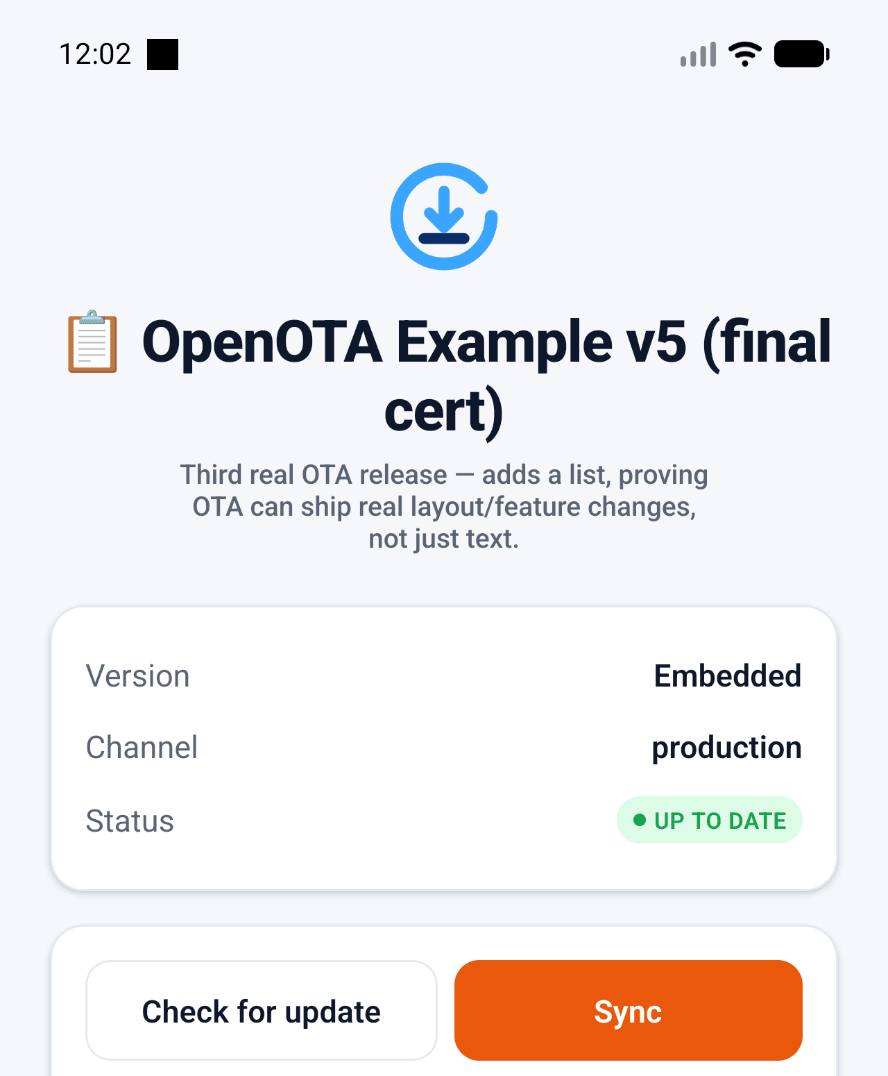 OpenOTA_Example React Native app showing the current OTA version, production channel, and an Up to date status, with Check for update, Sync, and Rollback buttons