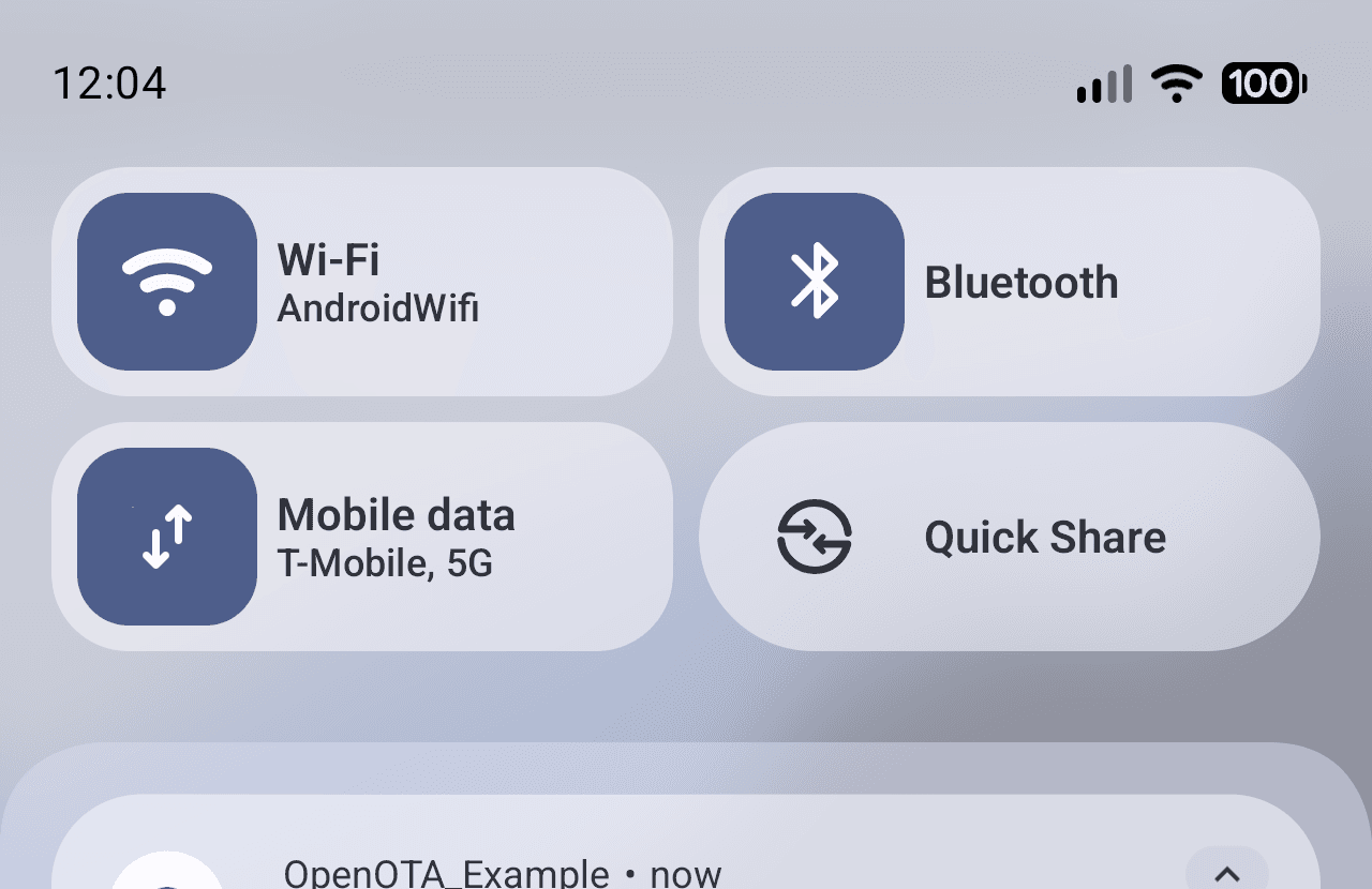 Real Android push notification from OpenOTA reading New version available, v1.0.9 is ready, tap to update instantly — delivered while the app was fully closed